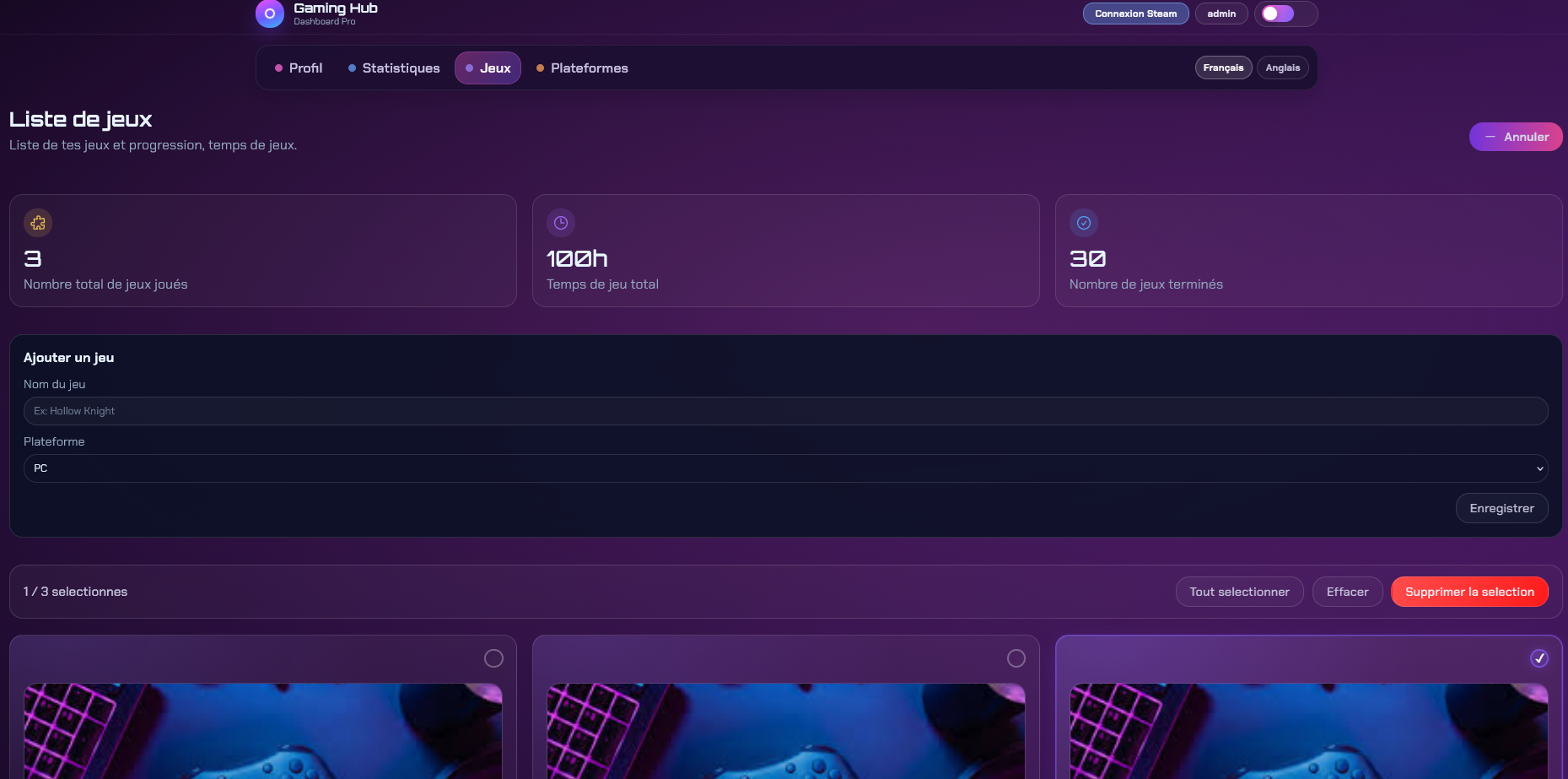 Game management page of the Gaming Dashboard