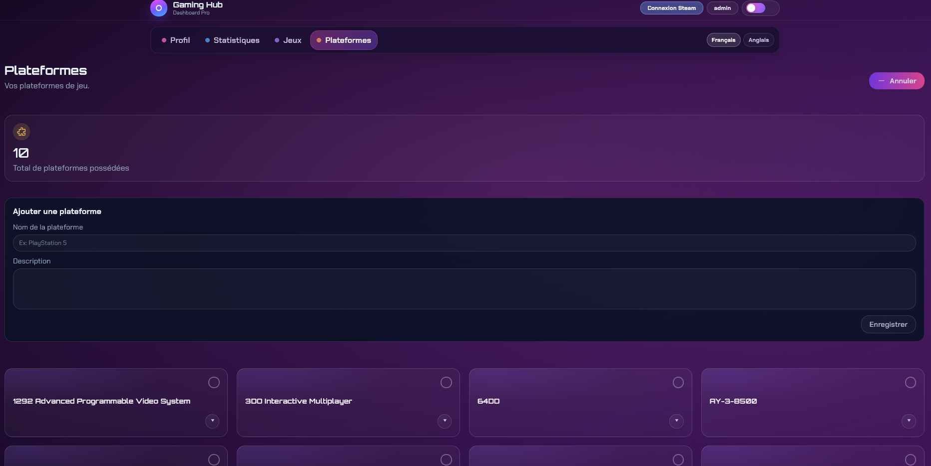 Platform management page of the Gaming Dashboard