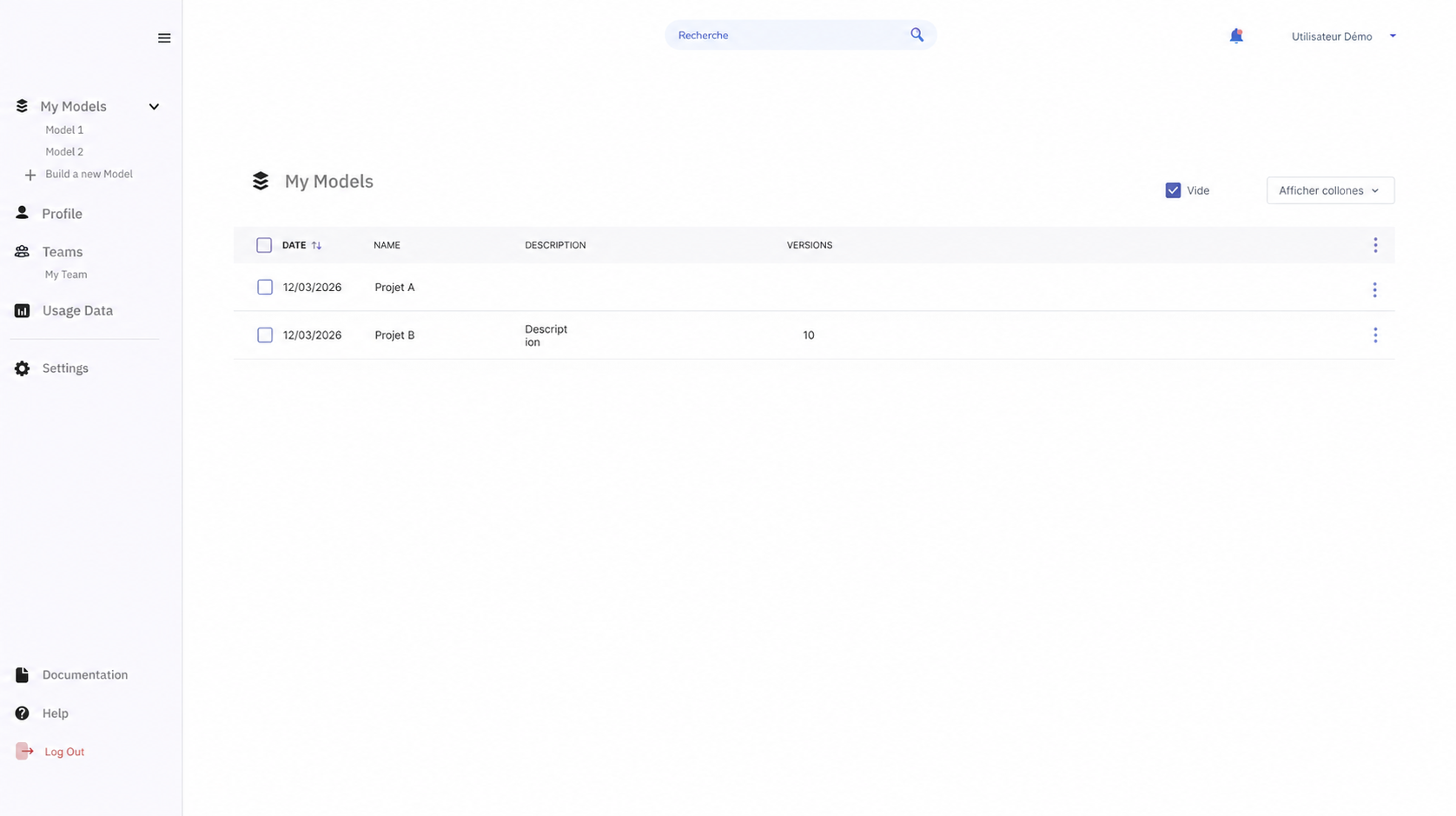 List of models in a sortable table