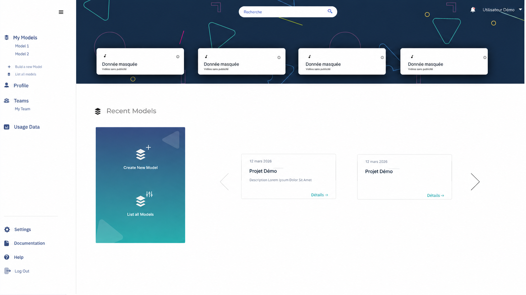 Recent models page with shortcuts to create and list models