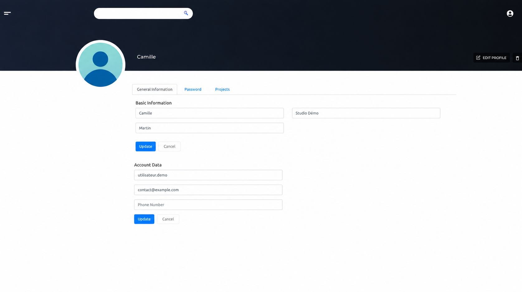 User profile page with general information and account details