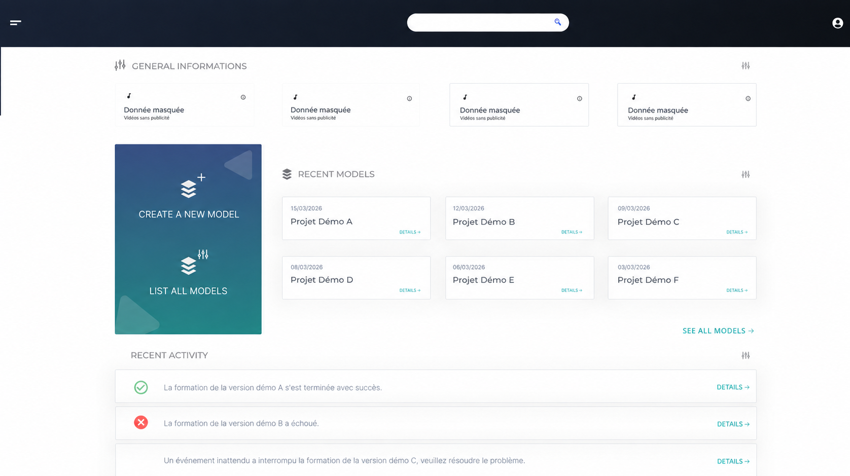 Dashboard with general information, recent models and training activity