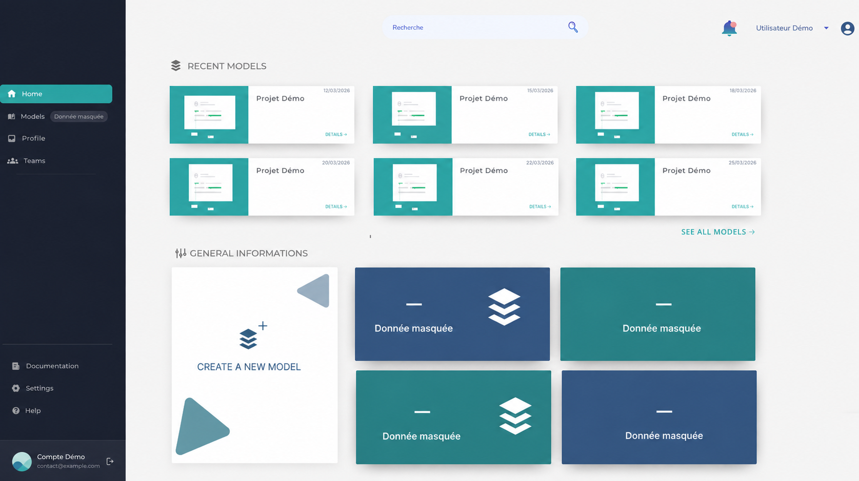 Dashboard showing recent models and deployed-model indicators